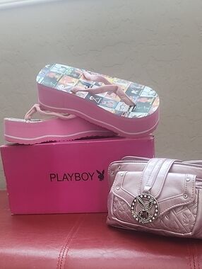 PLAYBOY Pink Platform Flip Flops with Pink Quilted Wristlet